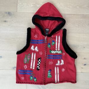 Vintage Holiday Christmas Hooded Zipper Vest Sweater Sz XL skis ice skates snow